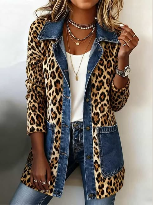Fablenne™ | Giacca lunga a pannelli in denim con stampa leopardata