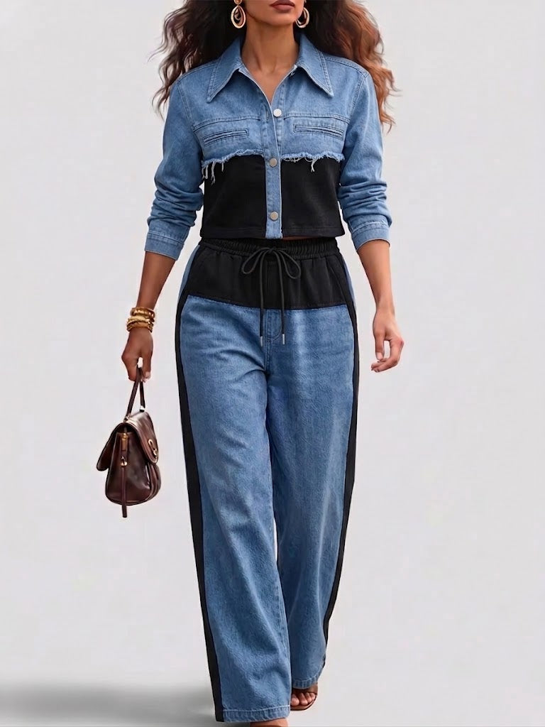 Holbrook™ | Giacca Cropped Color-Block e Set di Pantaloni a Gamba Larga