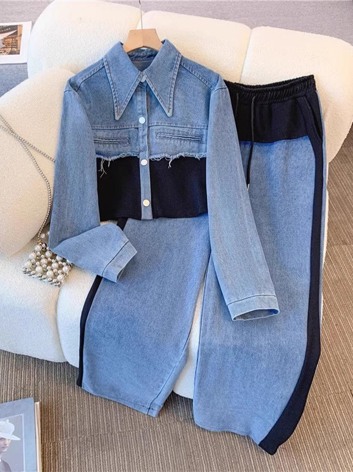Holbrook™ | Giacca Cropped Color-Block e Set di Pantaloni a Gamba Larga